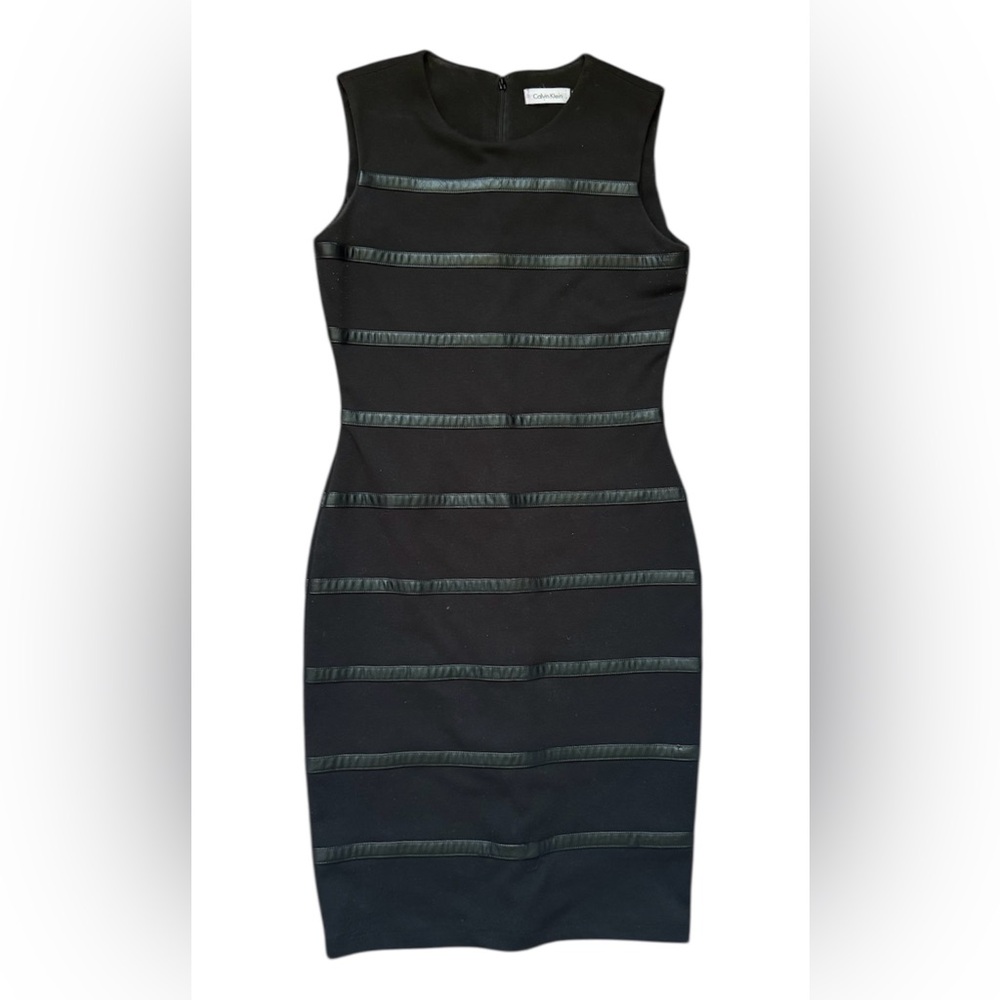 Calvin Klein Black Sleeveless Sheath Dress with PU Bands, Size 4